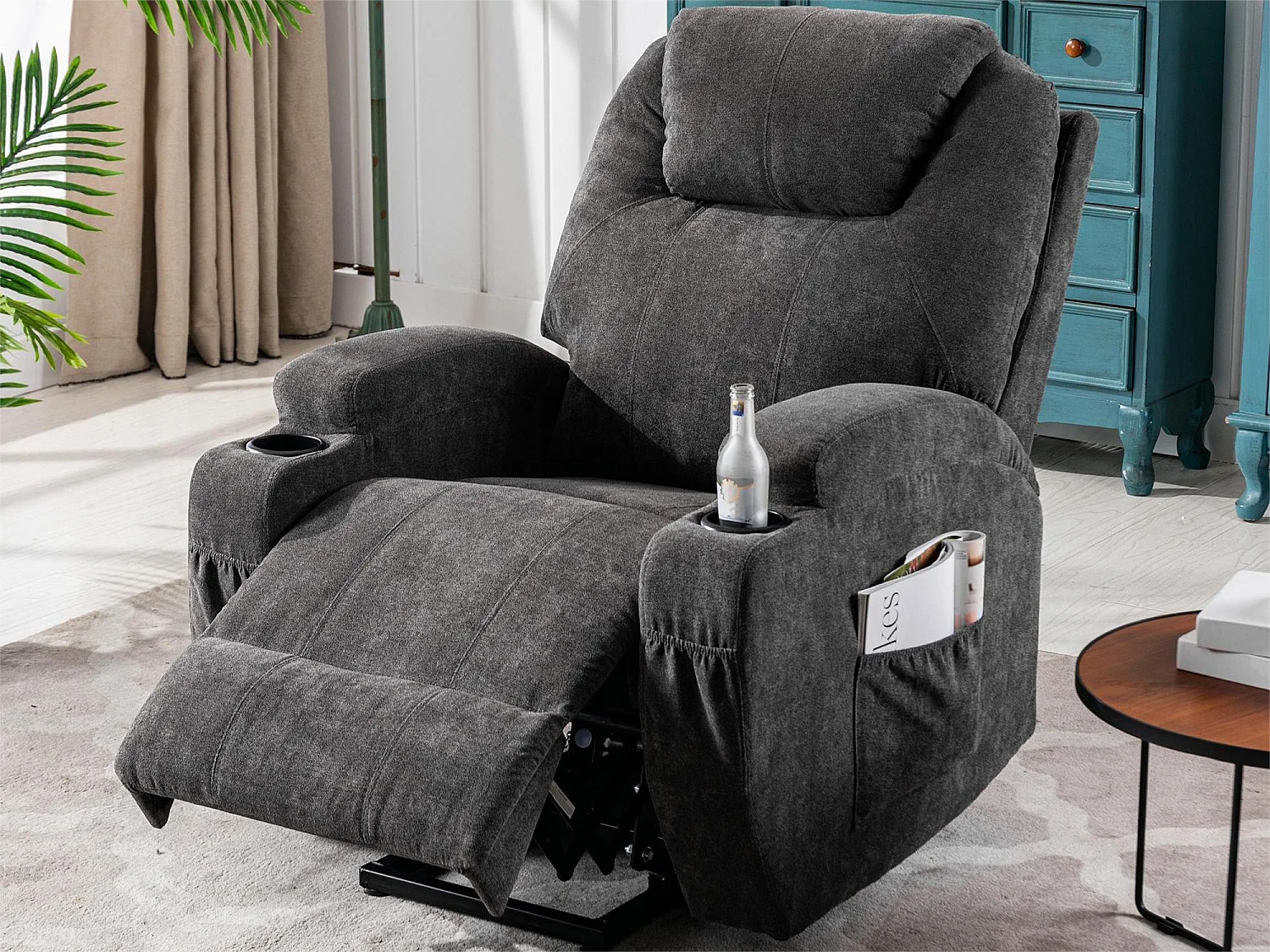 Fauteuil massant en tissu avec releveur électrique - Fauteuil de relaxation - Gris anthracite