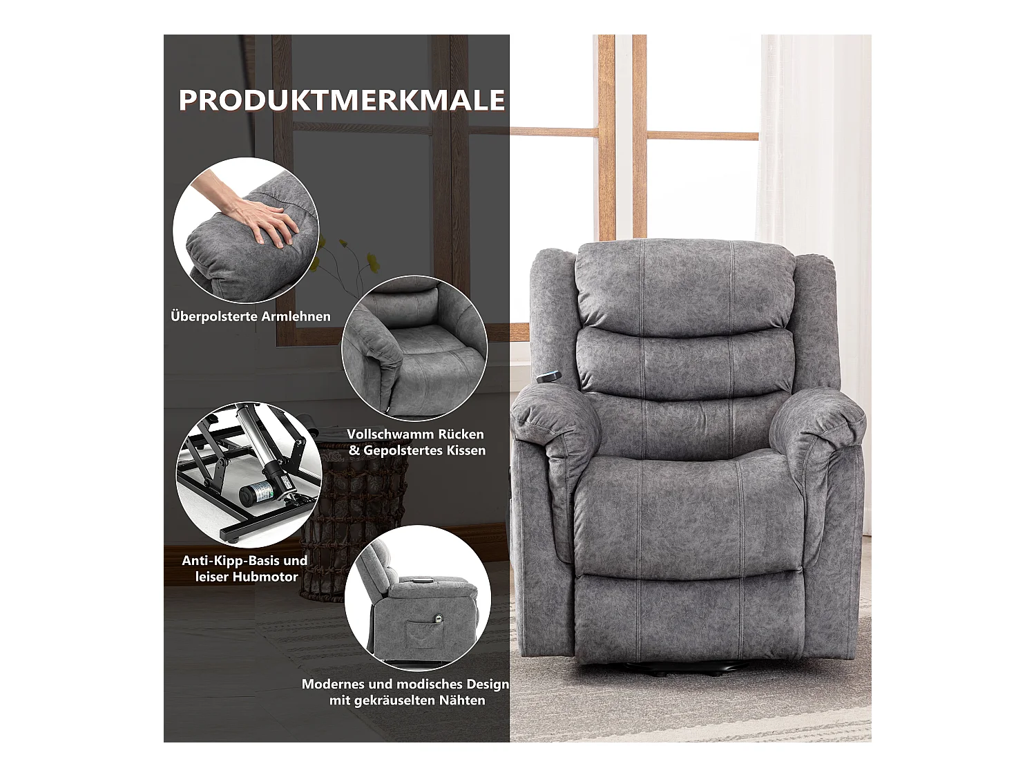 Fauteuil massant en tissu - Fauteuil électrique inclinable avec repose-pied - Gris
