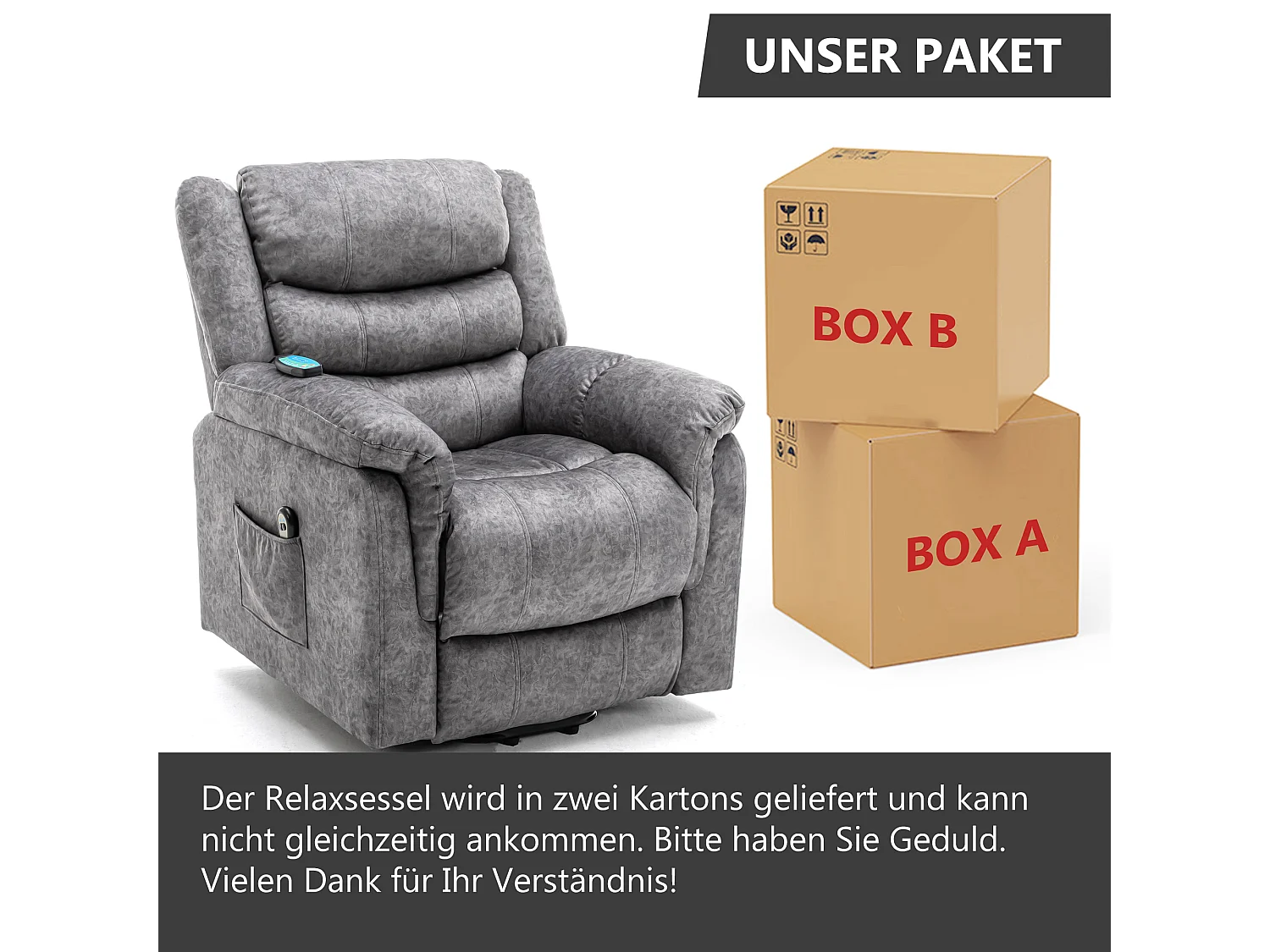 Fauteuil massant en tissu - Fauteuil électrique inclinable avec repose-pied - Gris