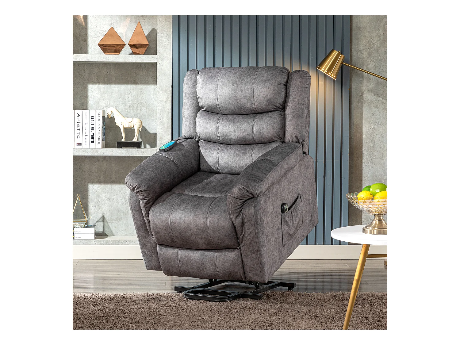 Fauteuil massant en tissu - Fauteuil électrique inclinable avec repose-pied - Gris