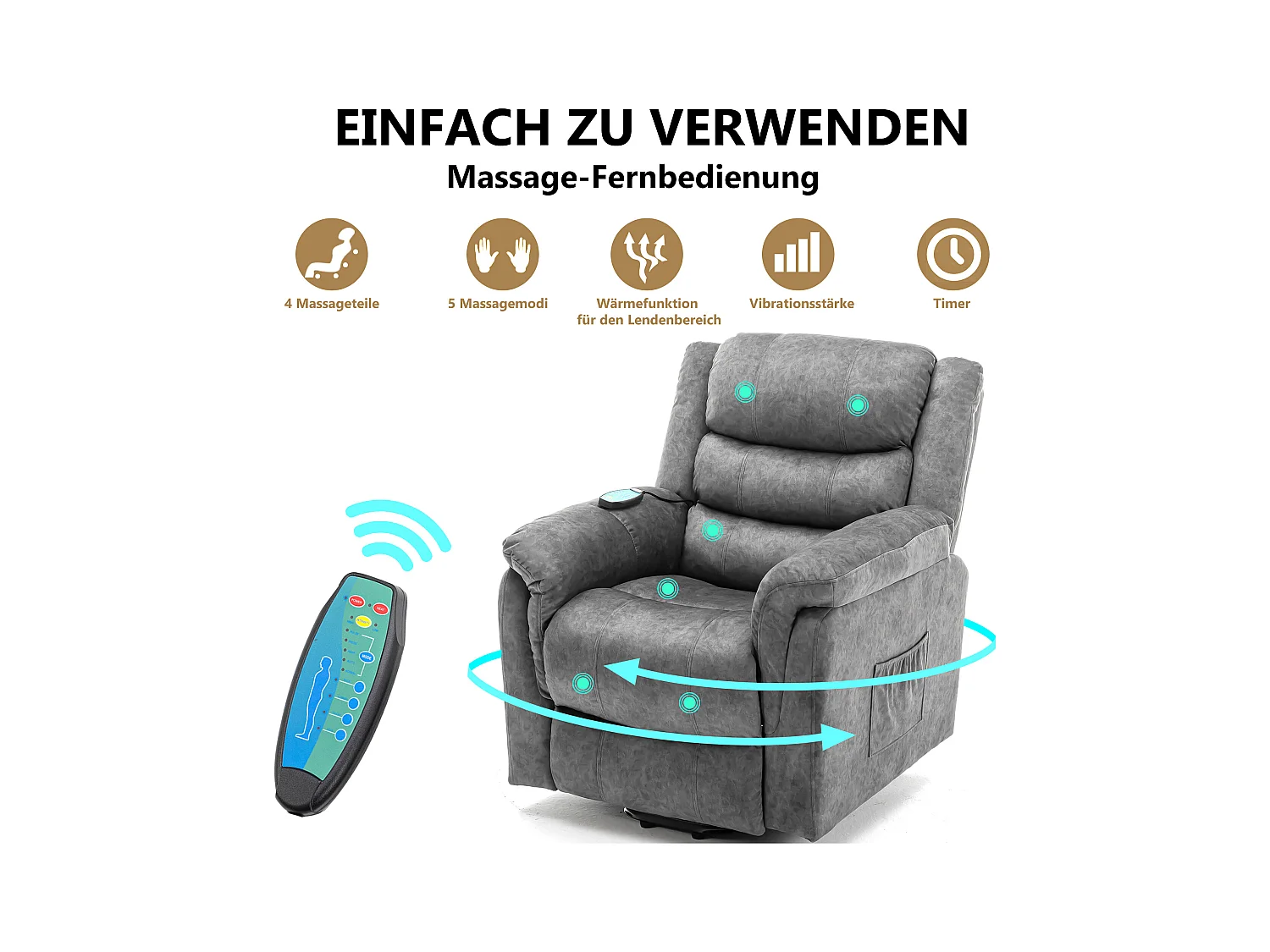 Fauteuil massant en tissu - Fauteuil électrique inclinable avec repose-pied - Gris