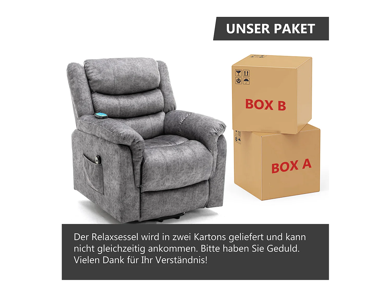 Fauteuil massant en tissu - Fauteuil électrique inclinable avec repose-pied - Gris