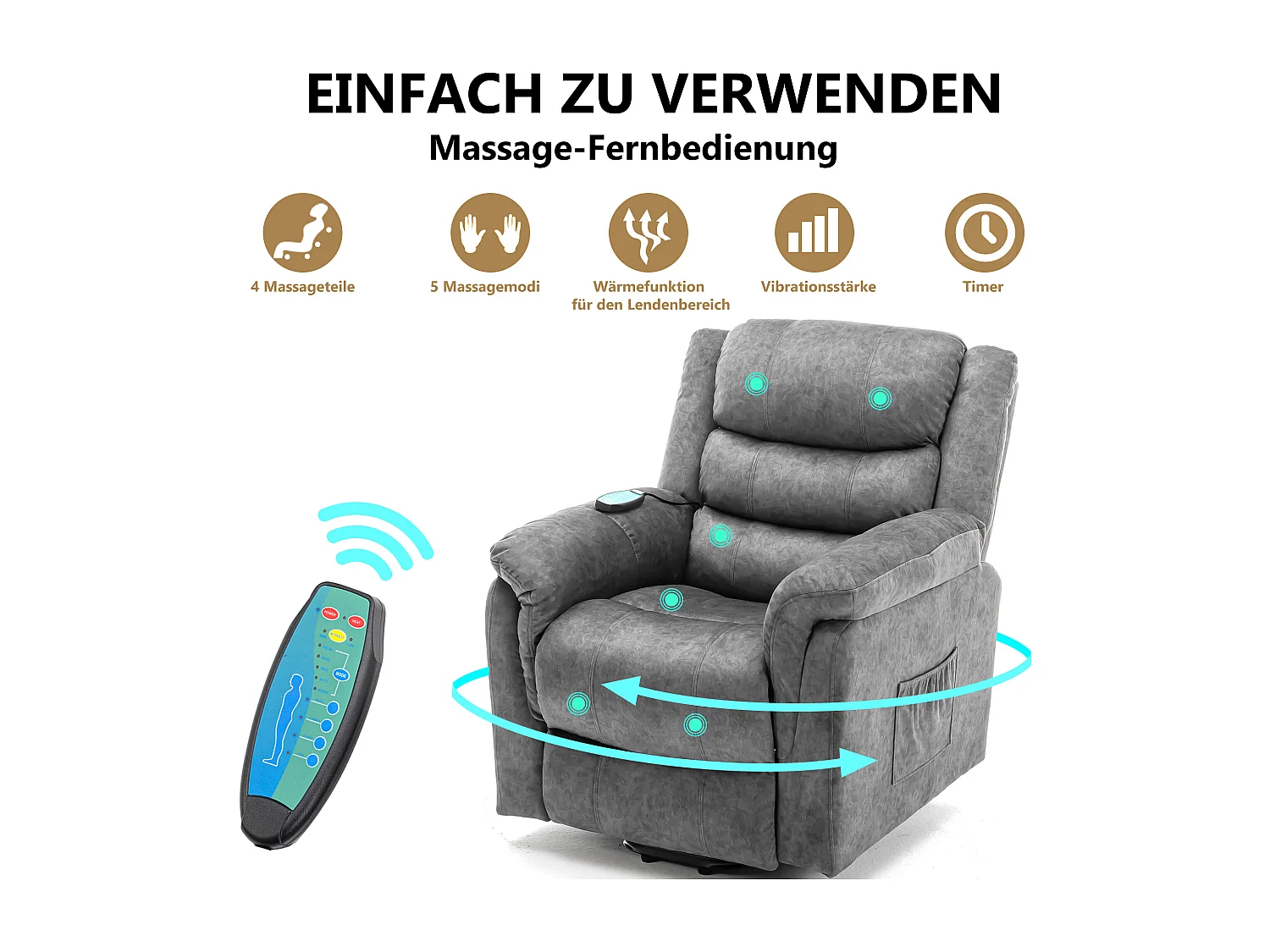 Stoffen massagestoel - Elektrische relaxfauteuil met voetensteun - Grijs
