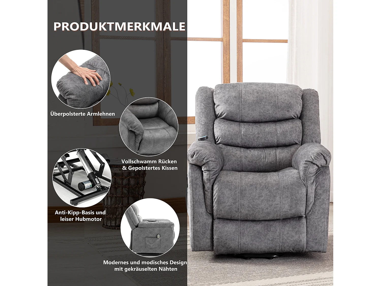 Stoffen massagestoel - Elektrische relaxfauteuil met voetensteun - Grijs