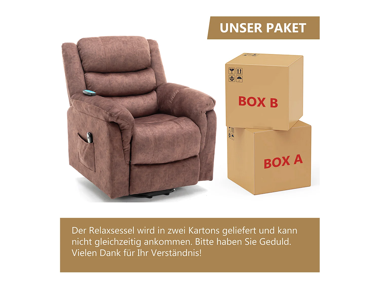 Fauteuil massant en tissu - Fauteuil électrique inclinable avec repose-pied - Marron