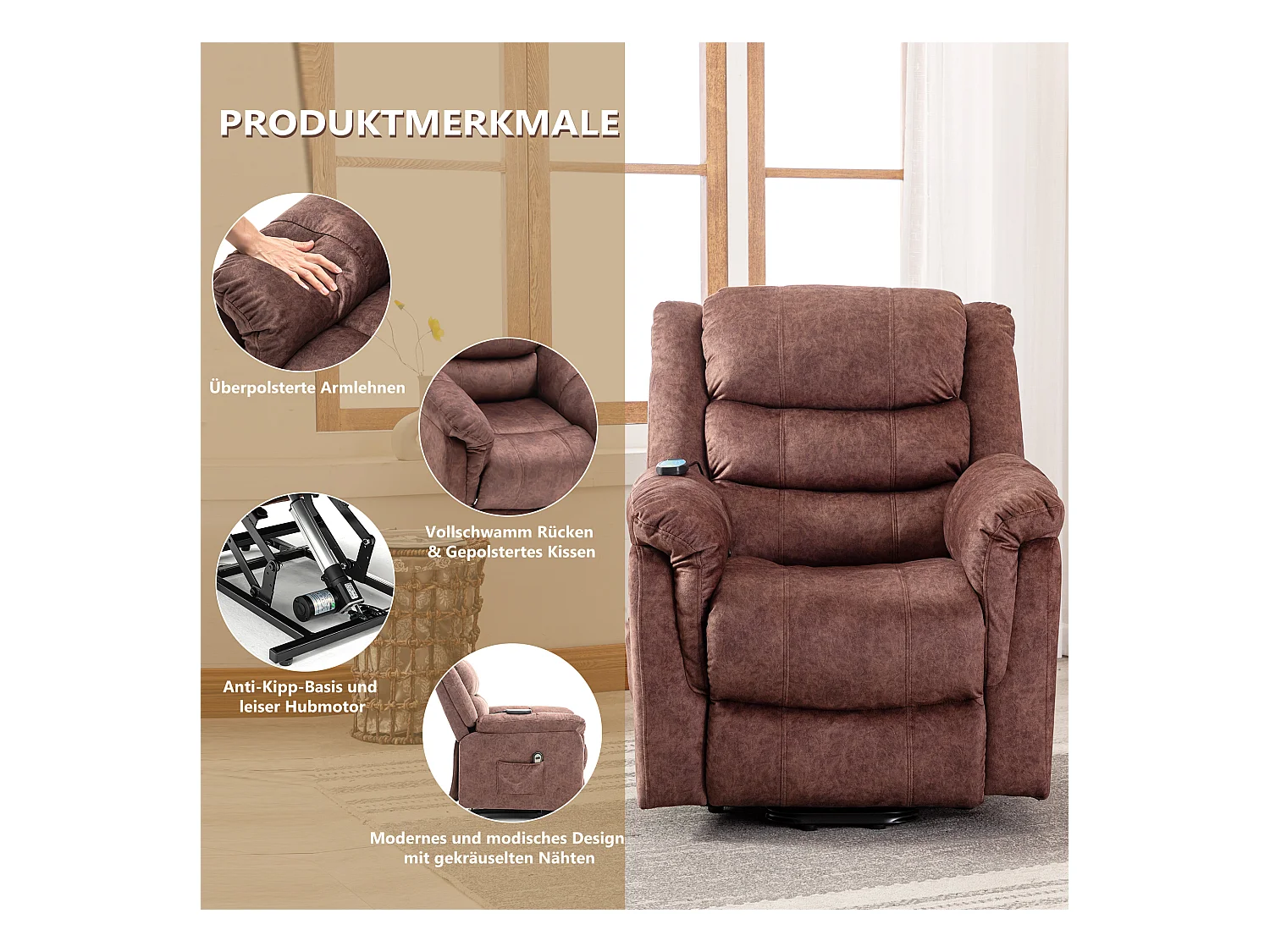 Fauteuil massant en tissu - Fauteuil électrique inclinable avec repose-pied - Marron