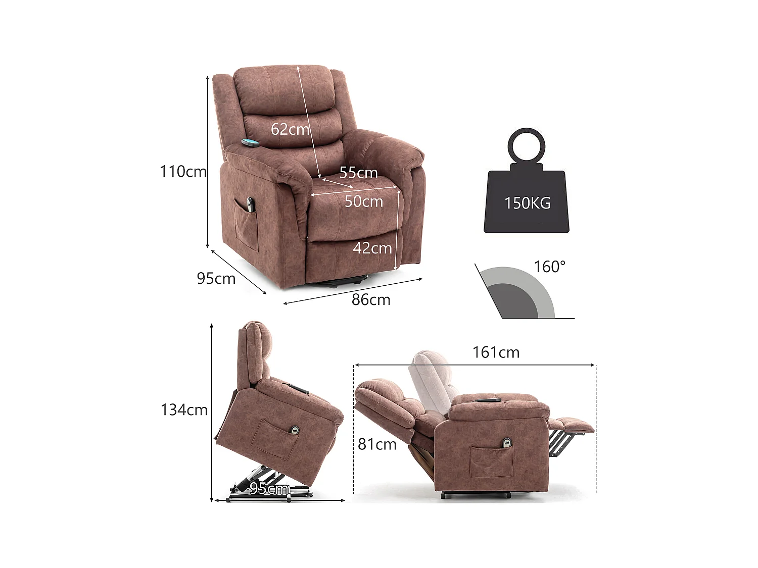 Fauteuil massant en tissu - Fauteuil électrique inclinable avec repose-pied - Marron