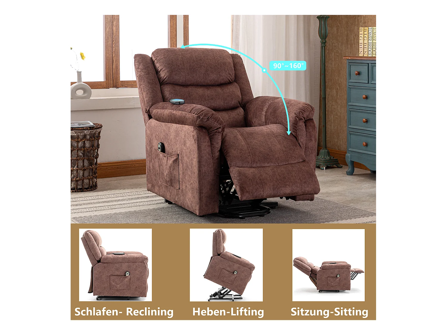 Fauteuil massant en tissu - Fauteuil électrique inclinable avec repose-pied - Marron