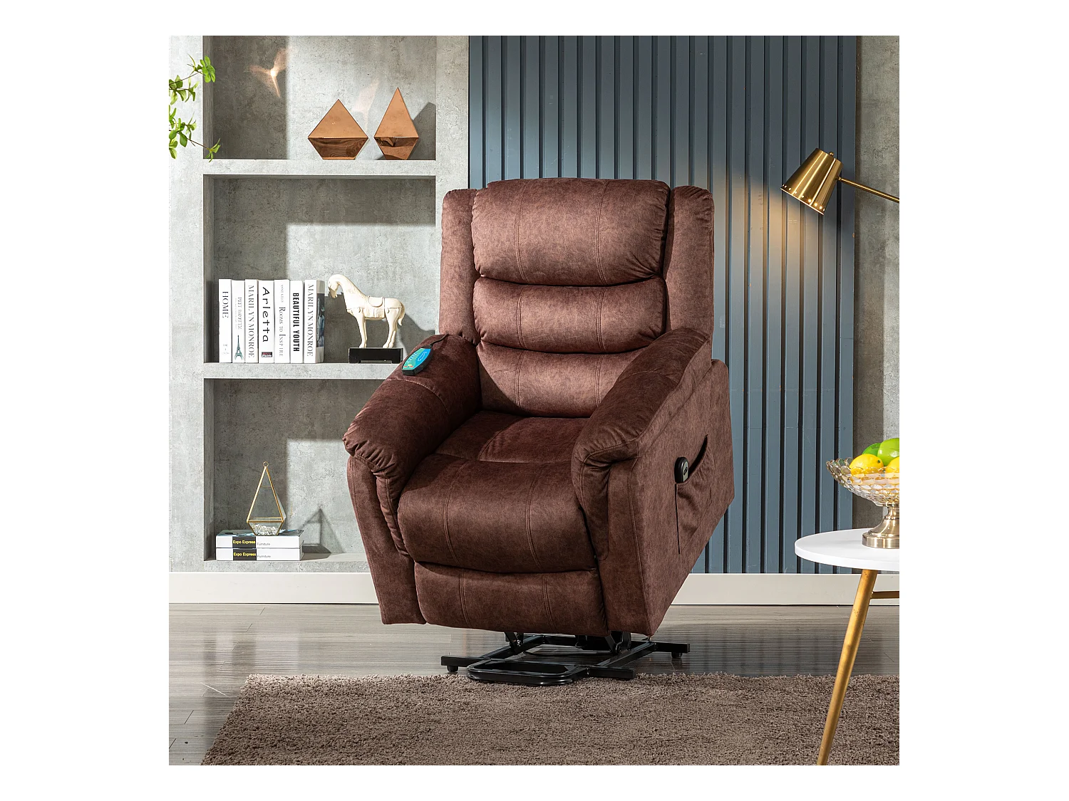 Fauteuil massant en tissu - Fauteuil électrique inclinable avec repose-pied - Marron