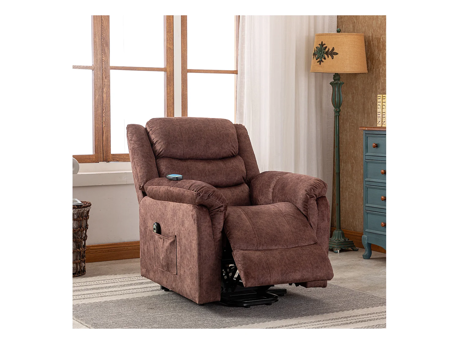 Fauteuil massant en tissu - Fauteuil électrique inclinable avec repose-pied - Marron