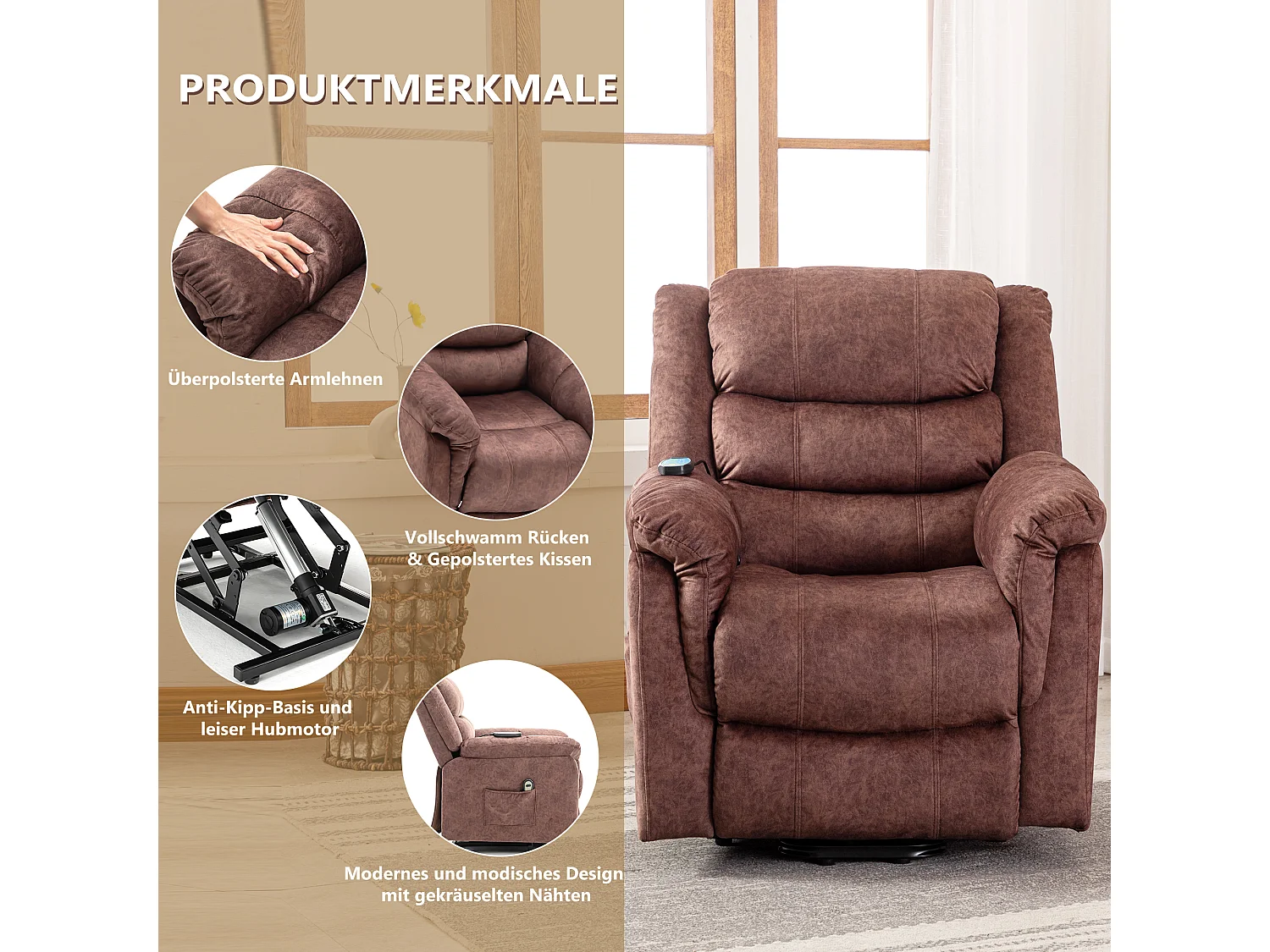 Fauteuil massant en tissu - Fauteuil électrique inclinable avec repose-pied - Marron