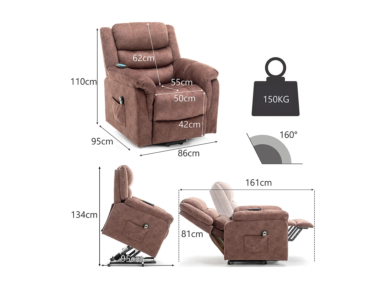 Fauteuil massant en tissu - Fauteuil électrique inclinable avec repose-pied - Marron