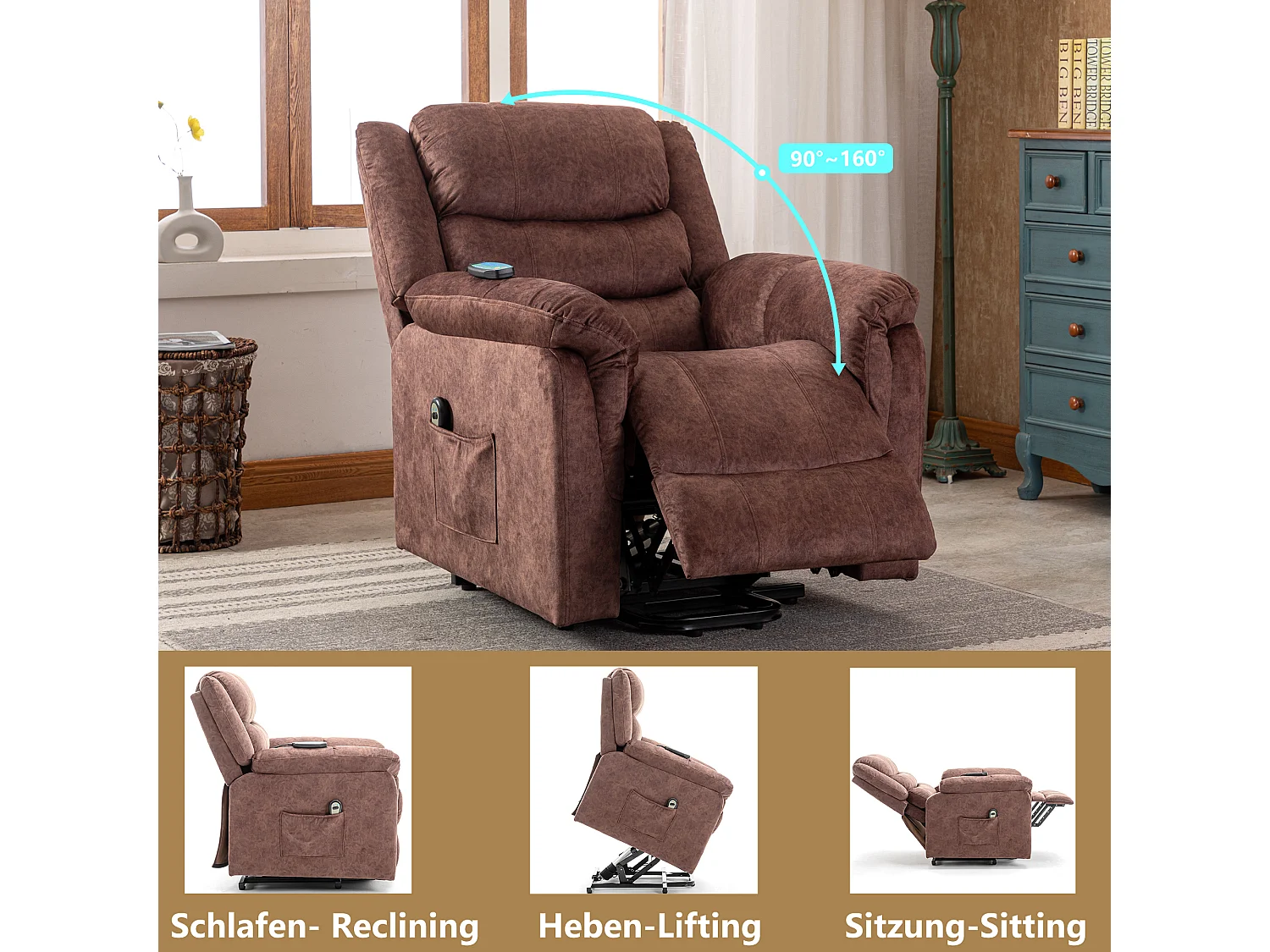 Fauteuil massant en tissu - Fauteuil électrique inclinable avec repose-pied - Marron