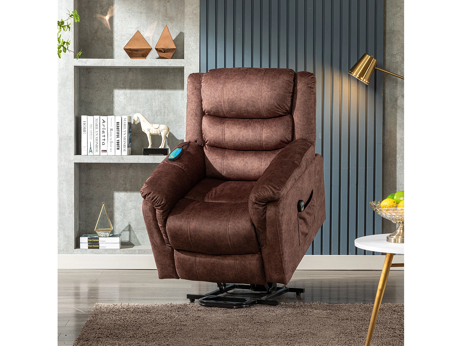 Fauteuil massant en tissu - Fauteuil électrique inclinable avec repose-pied - Marron