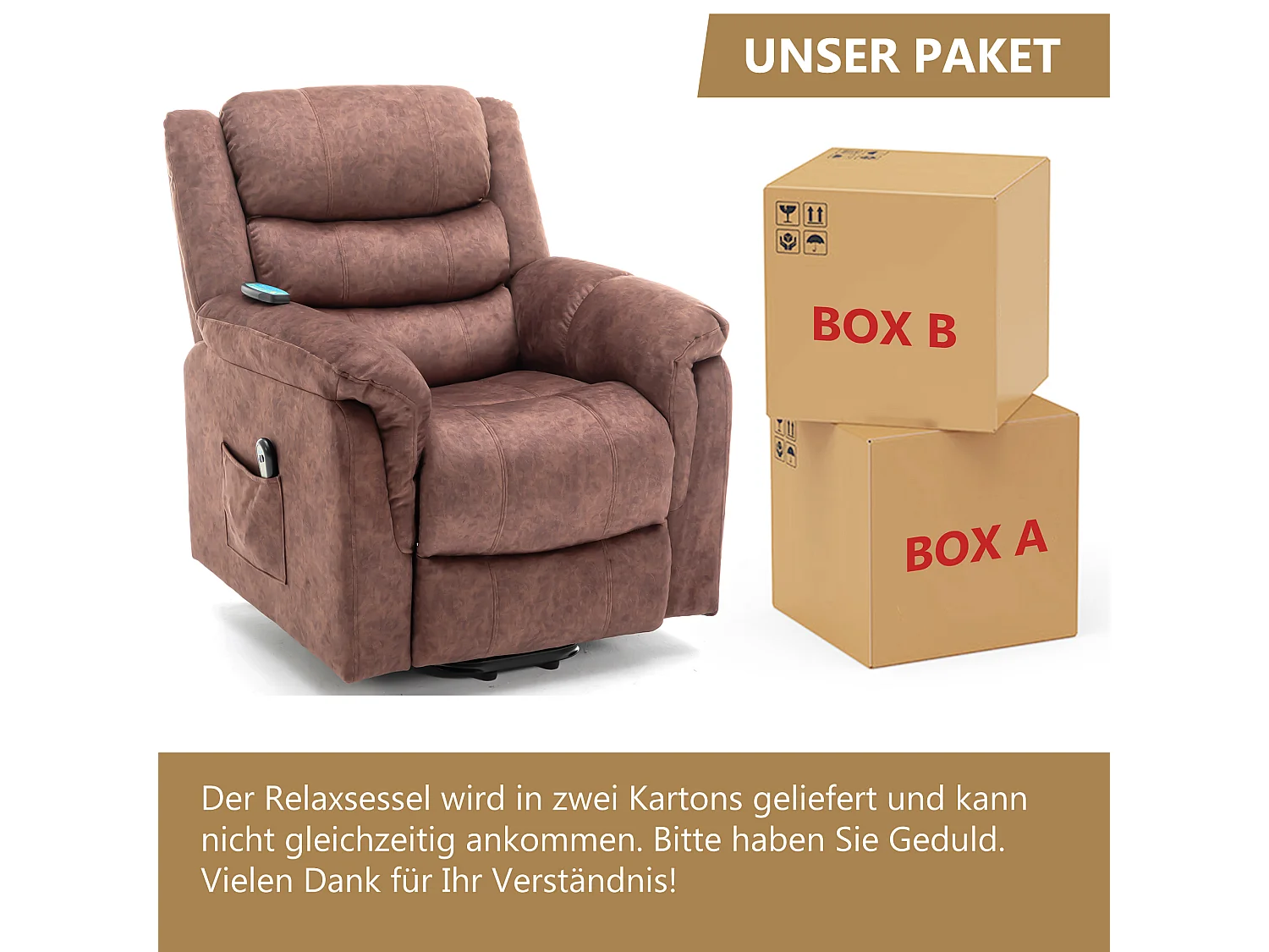 Fauteuil massant en tissu - Fauteuil électrique inclinable avec repose-pied - Marron