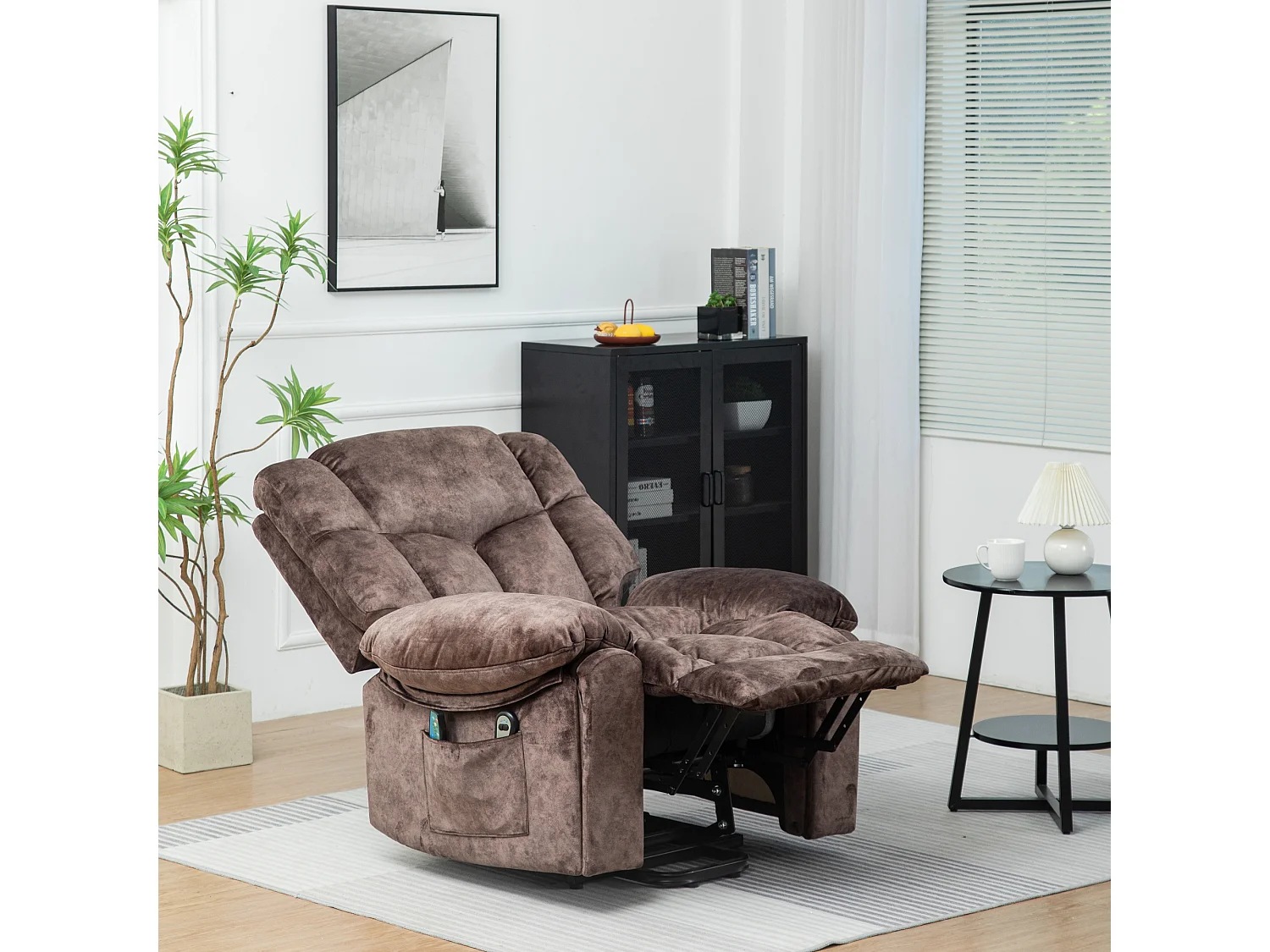 Fauteuil massant en tissu avec releveur électrique - Fauteuil de relaxation - Marron