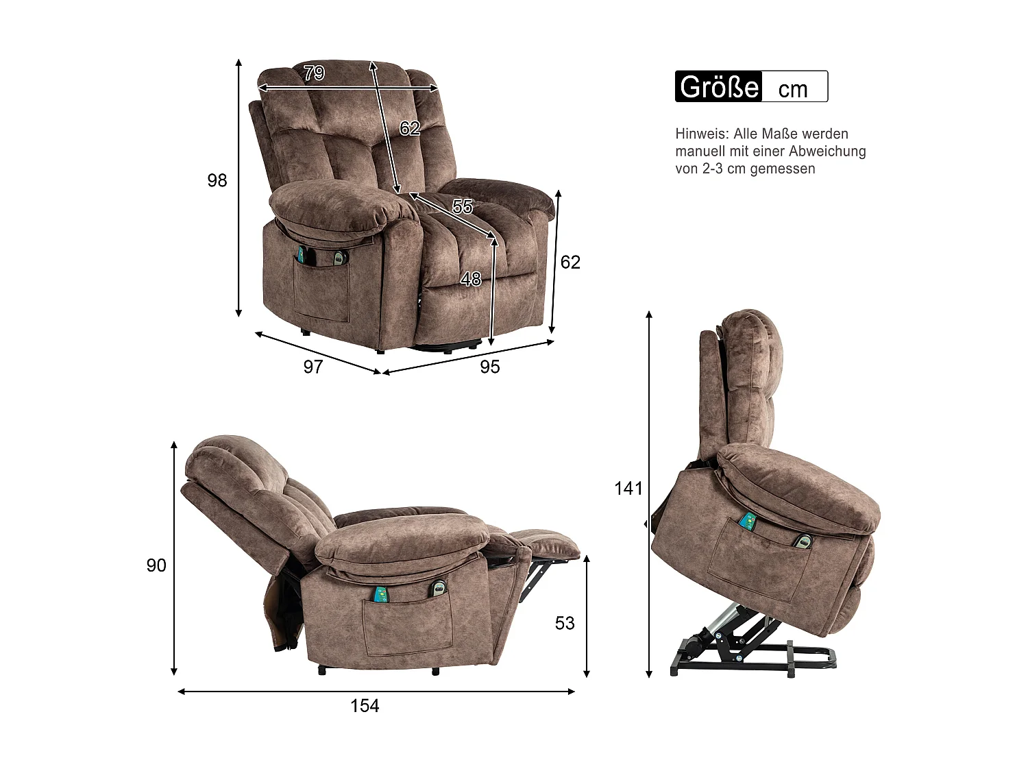 Fauteuil massant en tissu avec releveur électrique - Fauteuil de relaxation - Marron