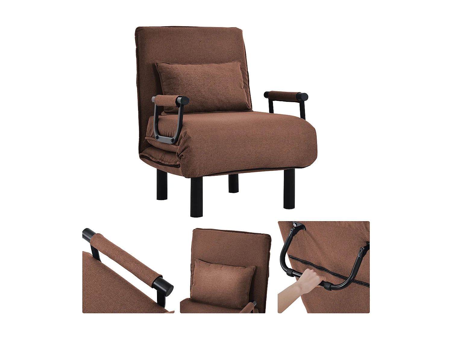 Fauteuil convertible en tissu - dossier réglable à 6 niveaux - marron
