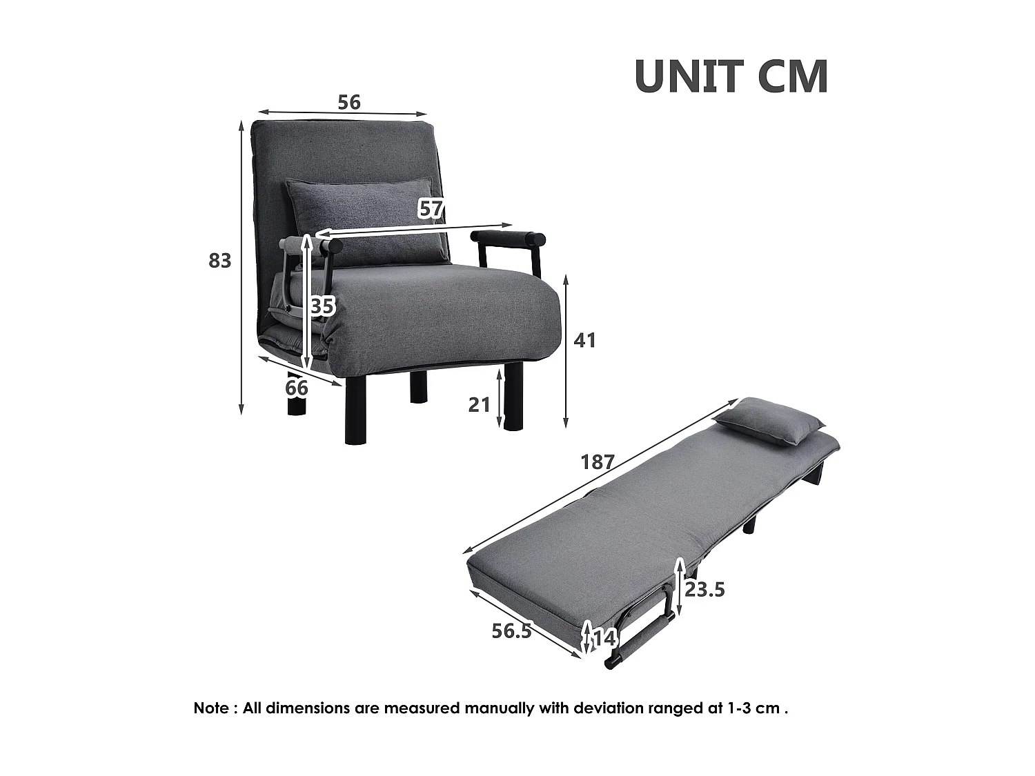 Fauteuil convertible en tissu - dossier réglable à 6 niveaux - gris