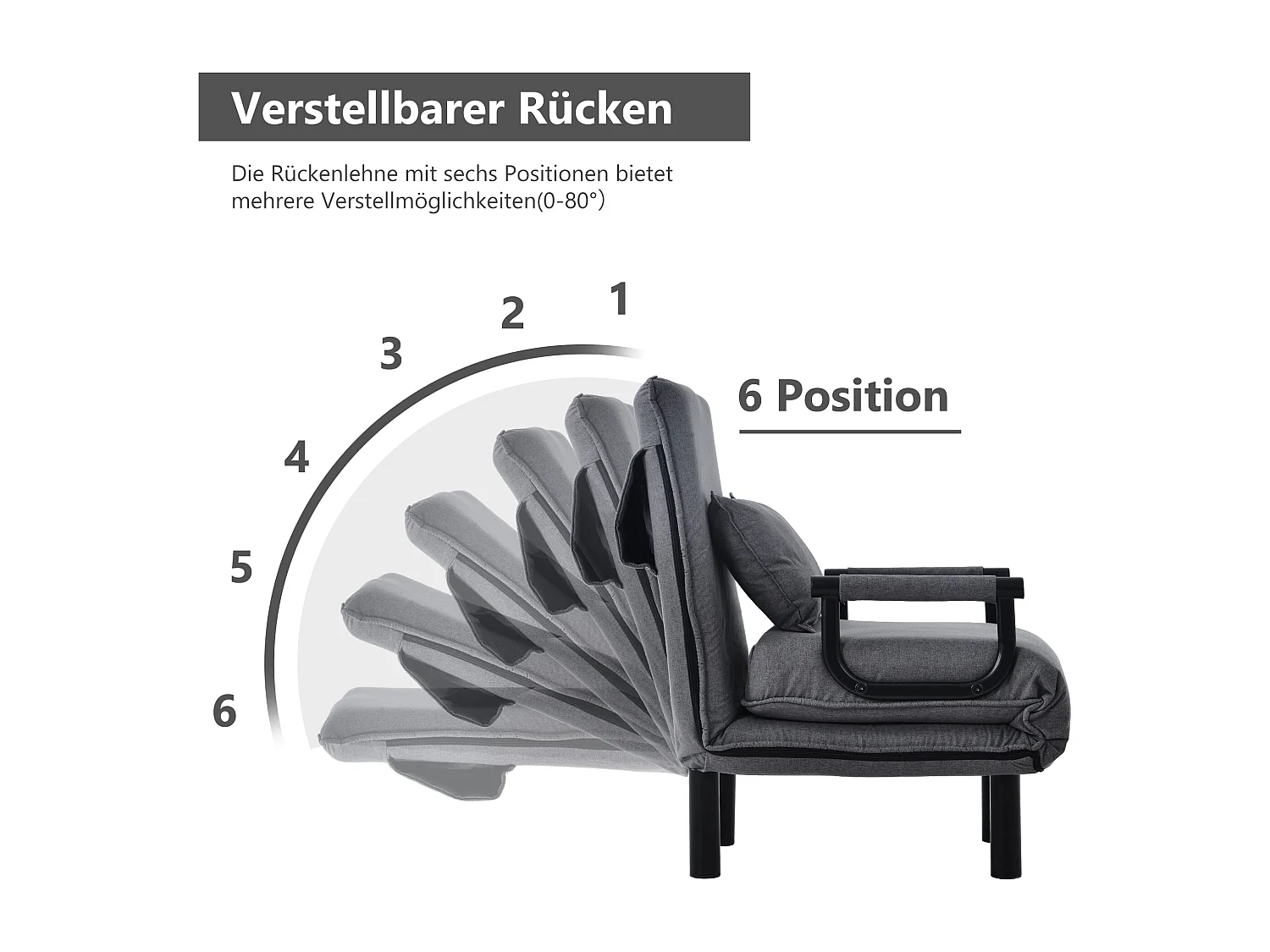 Converteerbare stoffen fauteuil - 6-voudig verstelbare rugleuning - grijs