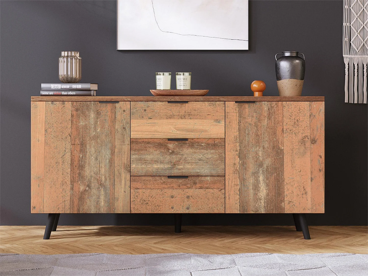 Niedriges Sideboard – 2 Türen und 3 Schubladen – Spanplatte – Industriestil – braune Farbe