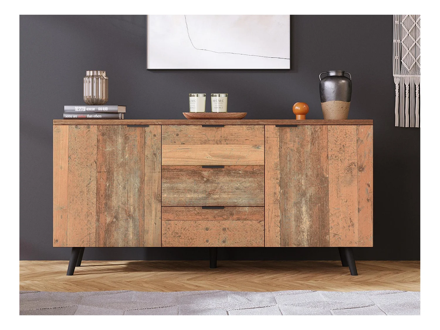 Buffet bas - 2 portes et 3 tiroirs - Panneaux de particules - Style industriel - Coloris Marron