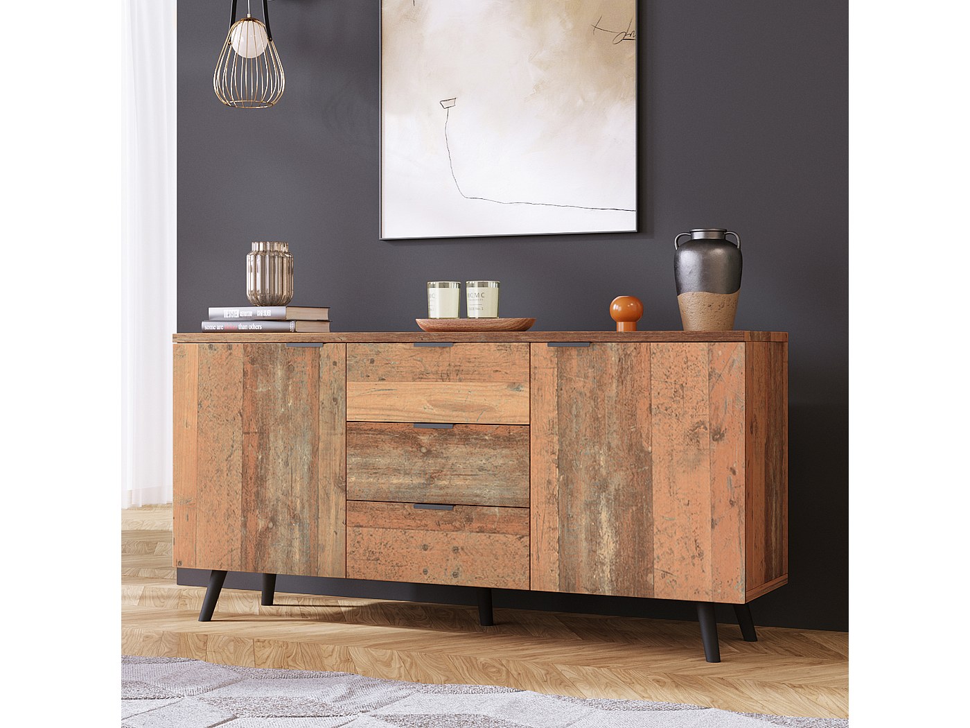 Laag dressoir met 4 deuren - MDF-hout en metalen poten - Moderne stijl - Blauwe kleur - 120 x 30