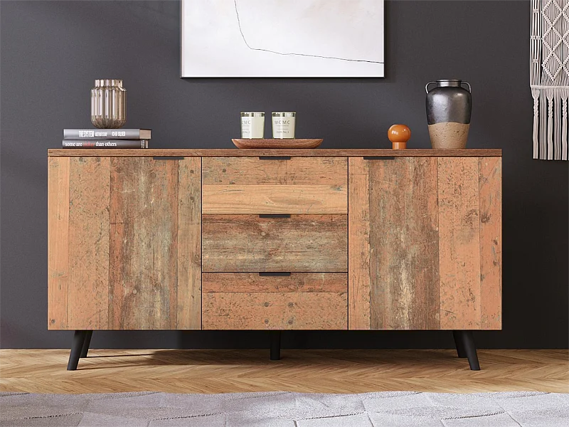 Credenza bassa - 2 ante e 3 cassetti - Pannello truciolare - Stile industriale - Colore marrone