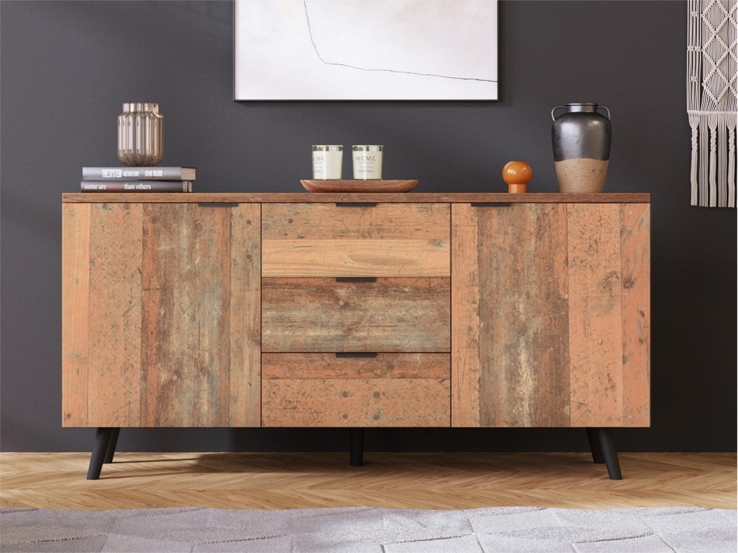 Lage dressoir - 2 deuren en 3 laden - Spaanplaat - Industriële stijl - Bruine kleur