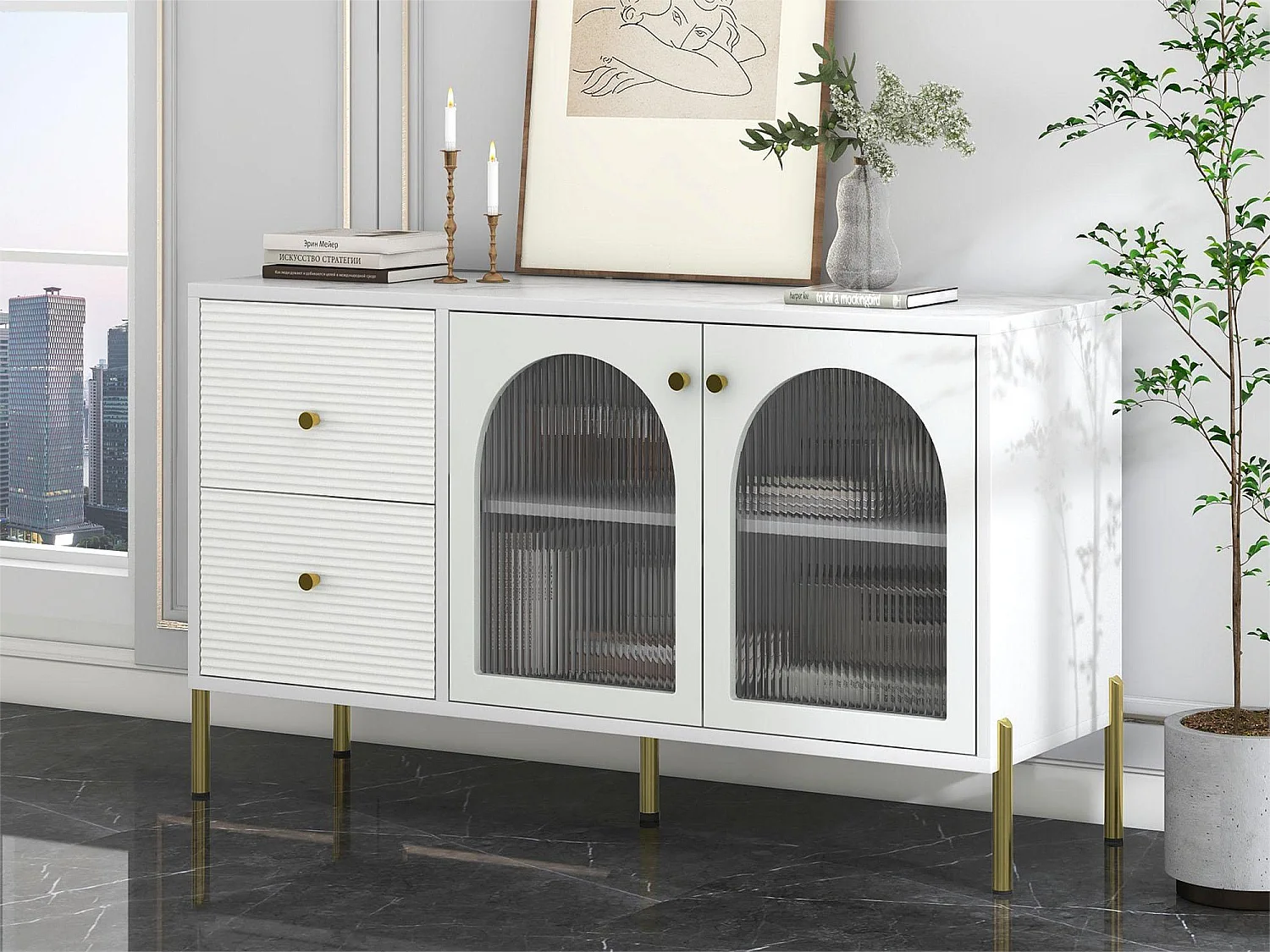 Credenza bassa - 2 cassetti e 2 ante in vetro - ripiani regolabili e rivestimento in marmo - colore bianco