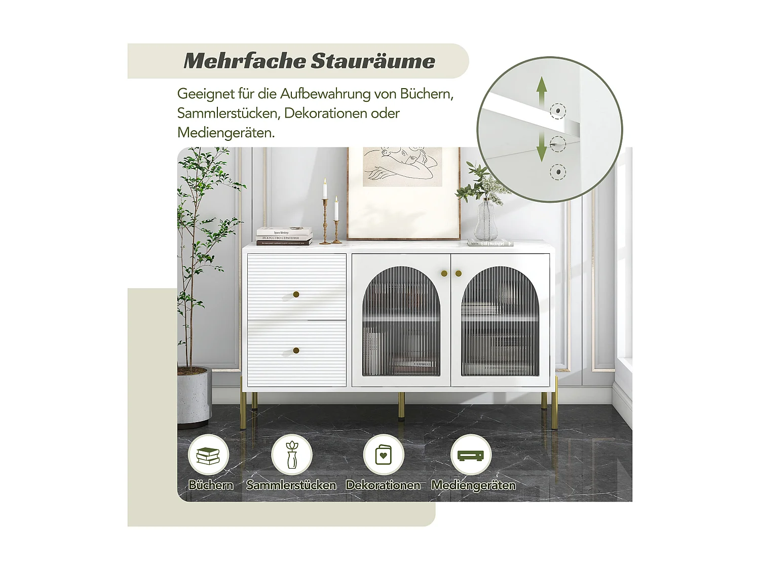 Credenza bassa - 2 cassetti e 2 ante in vetro - ripiani regolabili e rivestimento in marmo - colore bianco