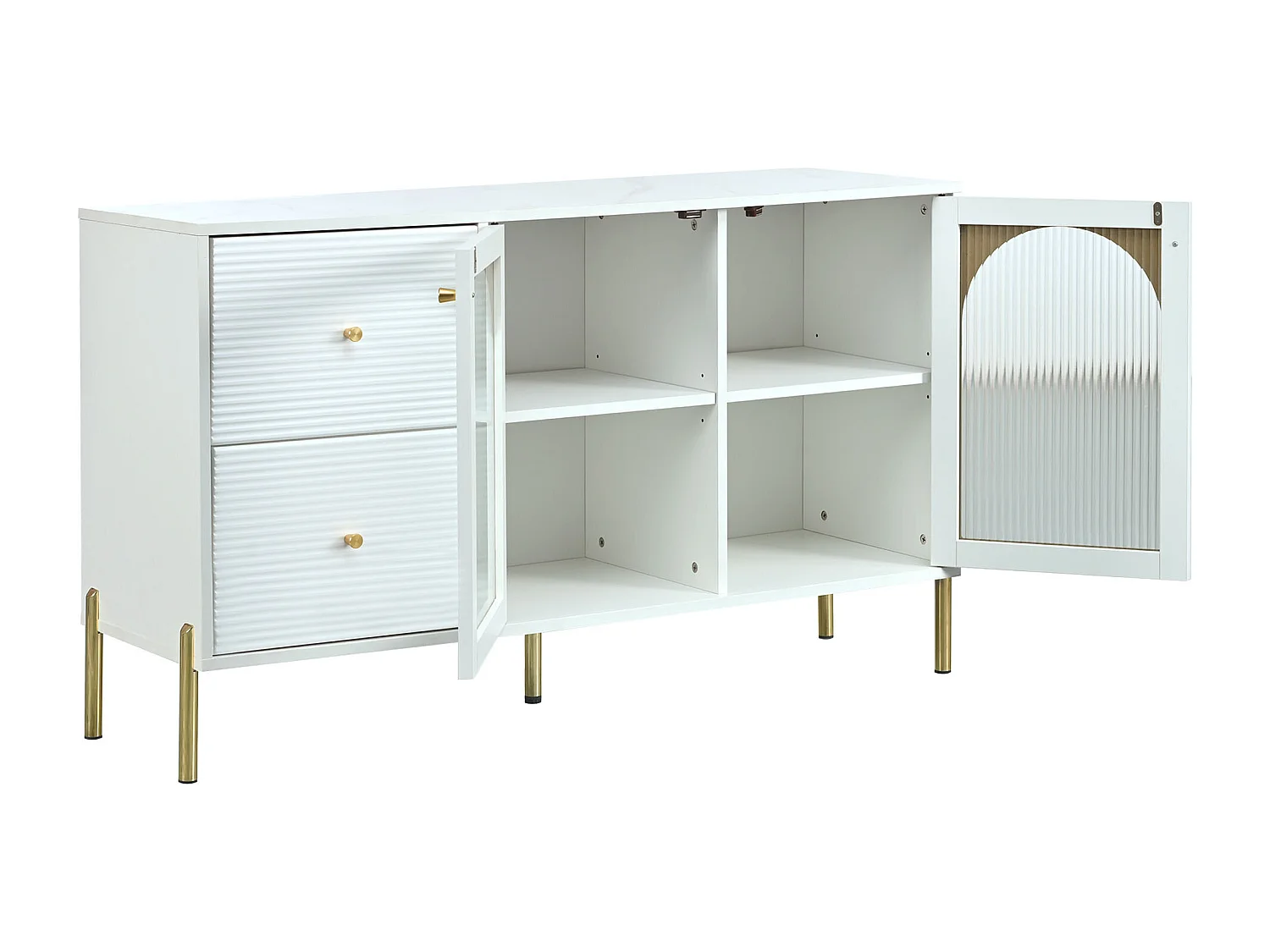 Credenza bassa - 2 cassetti e 2 ante in vetro - ripiani regolabili e rivestimento in marmo - colore bianco