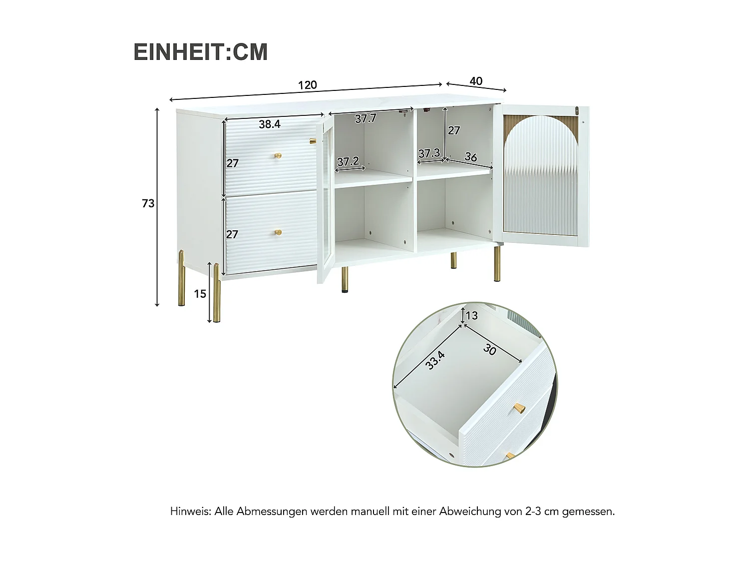 Credenza bassa - 2 cassetti e 2 ante in vetro - ripiani regolabili e rivestimento in marmo - colore bianco