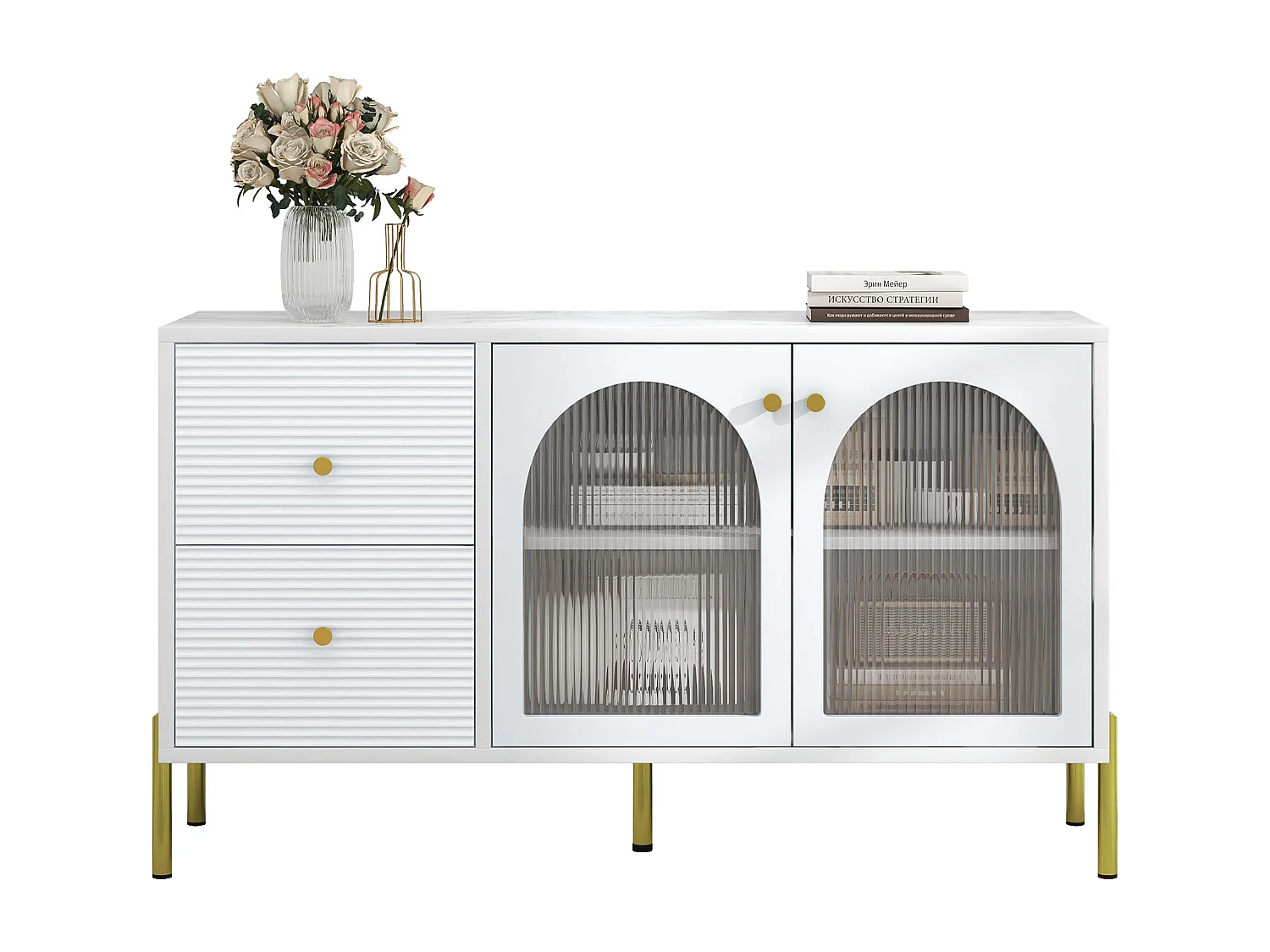 Credenza bassa - 2 cassetti e 2 ante in vetro - ripiani regolabili e rivestimento in marmo - colore bianco