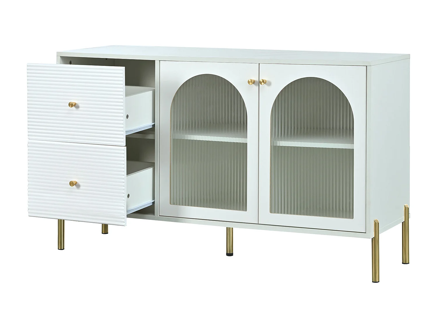 Credenza bassa - 2 cassetti e 2 ante in vetro - ripiani regolabili e rivestimento in marmo - colore bianco