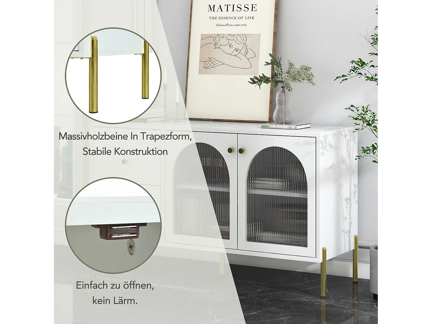 Credenza bassa - 2 cassetti e 2 ante in vetro - ripiani regolabili e rivestimento in marmo - colore bianco
