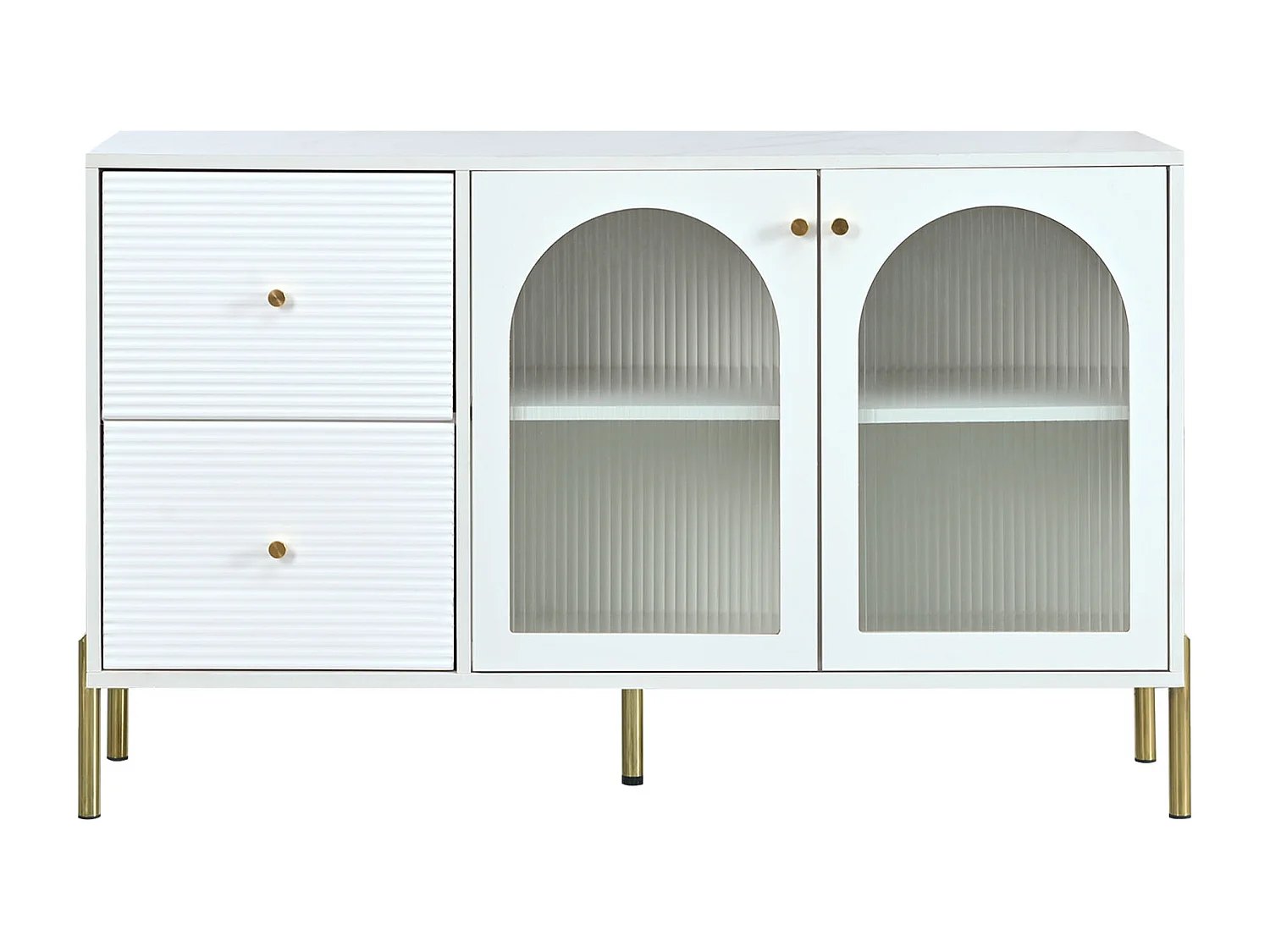 Credenza bassa - 2 cassetti e 2 ante in vetro - ripiani regolabili e rivestimento in marmo - colore bianco