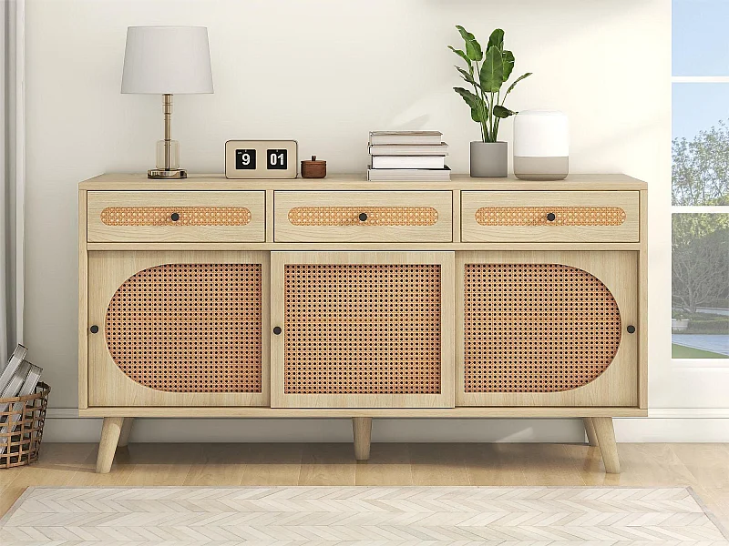 Sideboard mit 3 Schubladen und 3 Schiebetüren – Rattan und Spanplatte – verstellbare Einlegeböden – Eichenfarbe