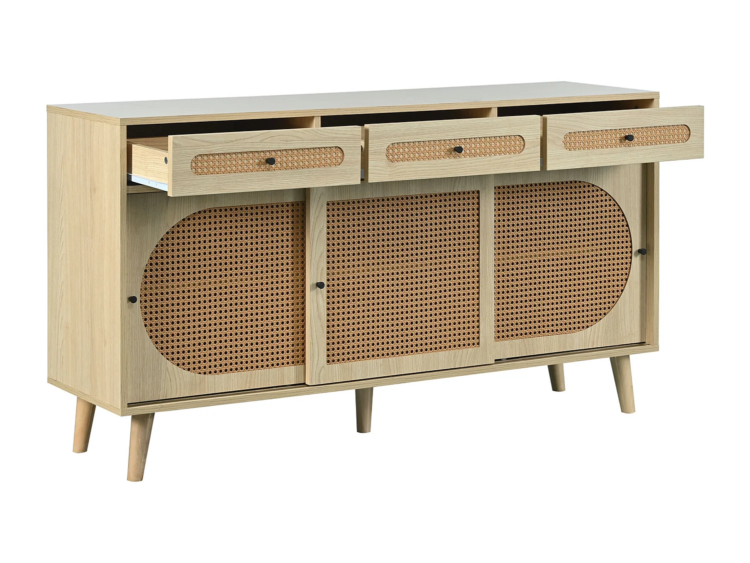 Dressoir met 3 lades en 3 schuifdeuren - rotan en spaanplaat - verstelbare planken - eikenkleur