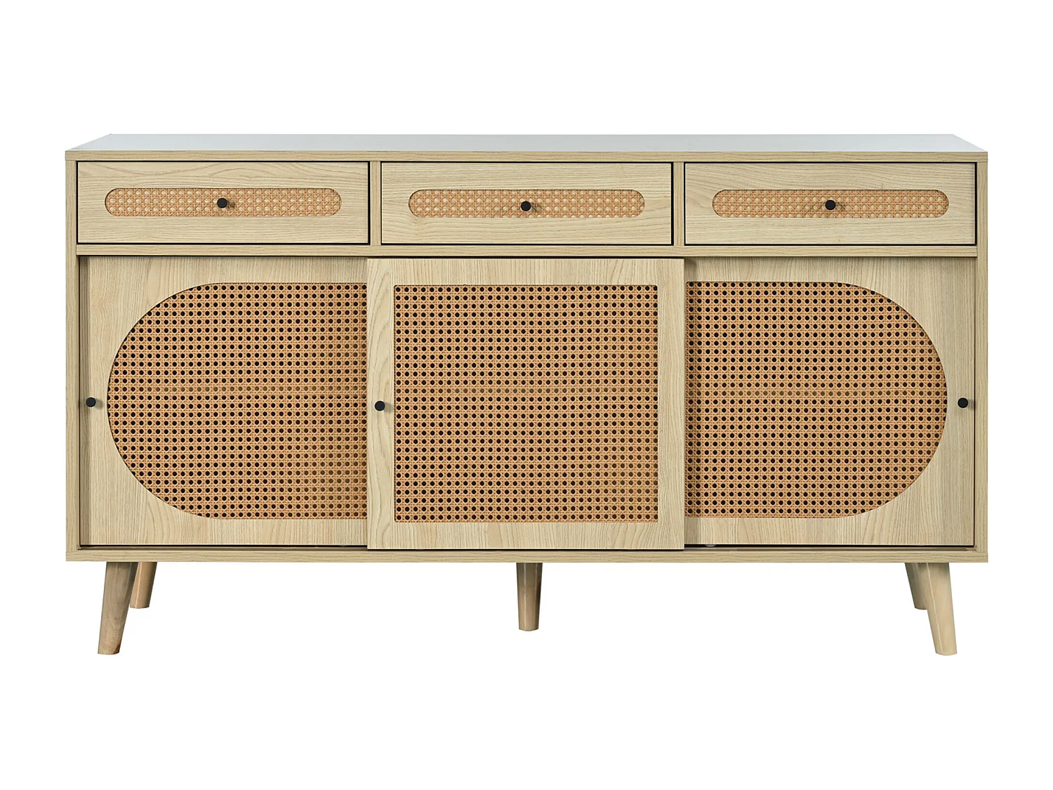 Dressoir met 3 lades en 3 schuifdeuren - rotan en spaanplaat - verstelbare planken - eikenkleur