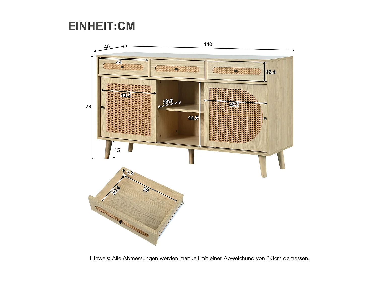 Dressoir met 3 lades en 3 schuifdeuren - rotan en spaanplaat - verstelbare planken - eikenkleur