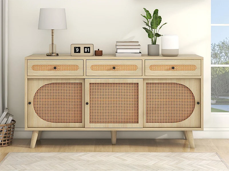 Sideboard mit 3 Schubladen und 3 Schiebetüren – Rattan und Spanplatte – verstellbare Einlegeböden – Eichenfarbe