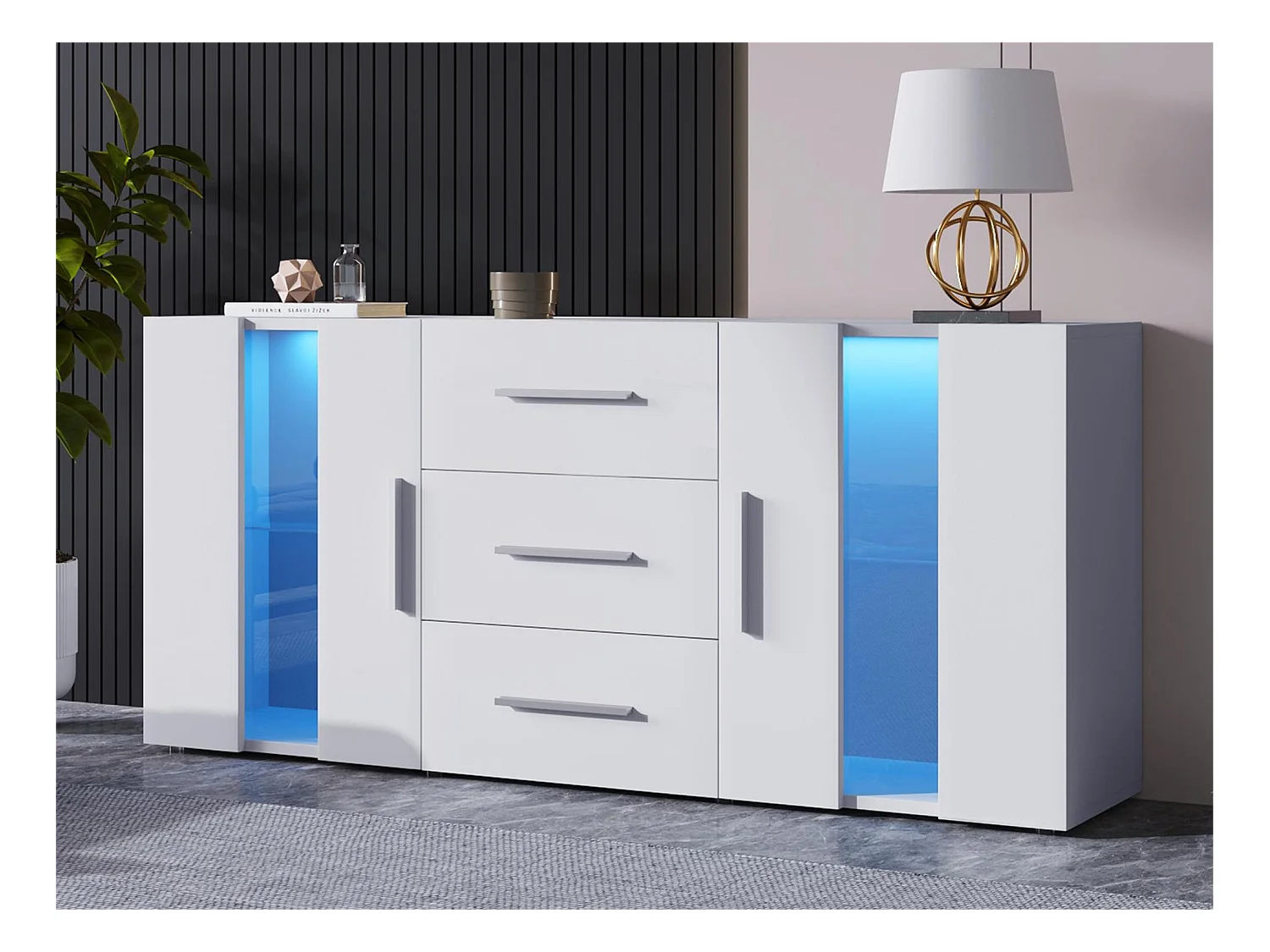 Buffet avec 2 portes et 3 tiroirs - LEDs - bois MDF - pour salon, salle à manger - blanc
