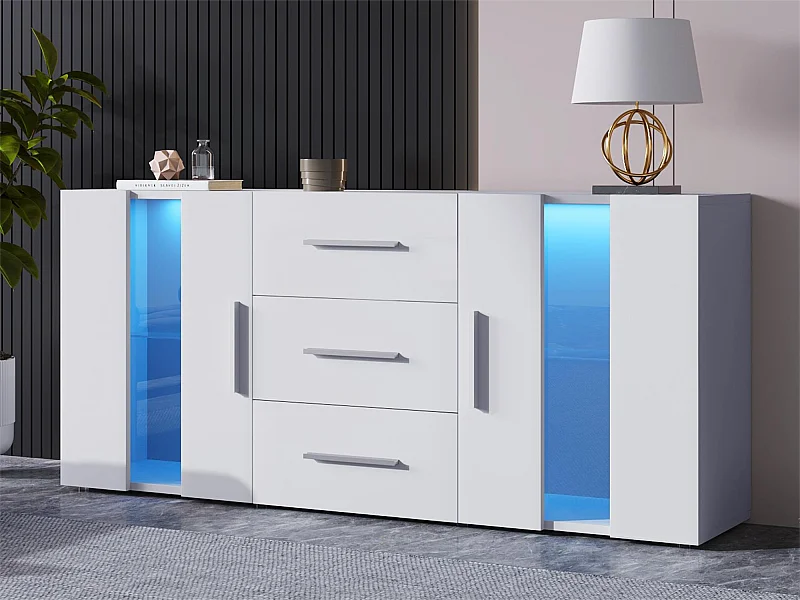 Buffet avec 2 portes et 3 tiroirs - LEDs - bois MDF - pour salon, salle à manger - blanc