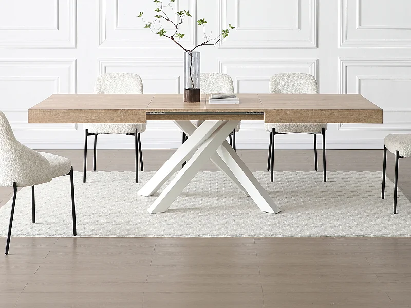 Mesa de jantar extensível 6 a 10 lugares em MDF e metal natural e branco - CATONAV