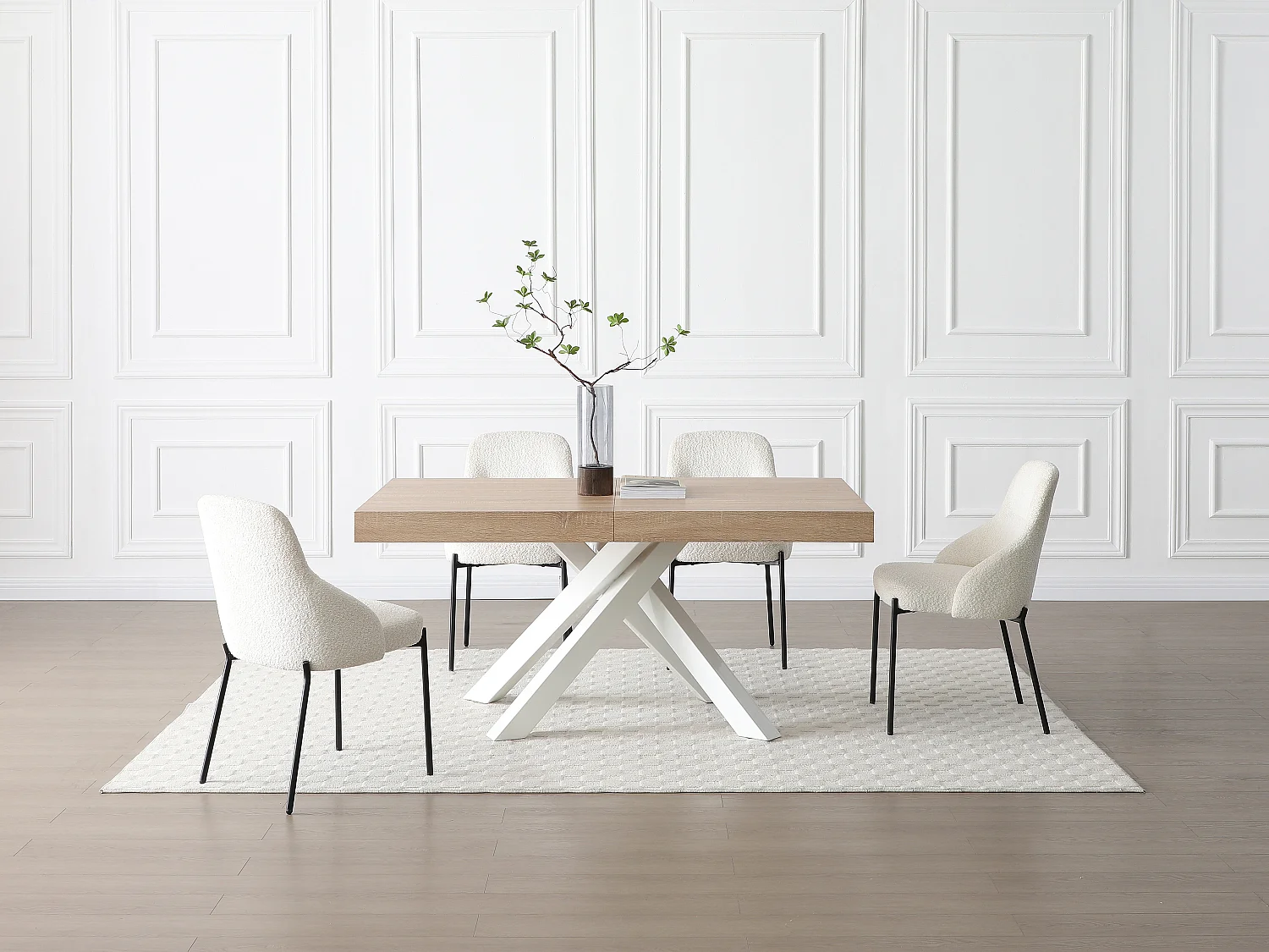 Mesa de jantar extensível 6 a 10 lugares em MDF e metal natural e branco - CATONAV