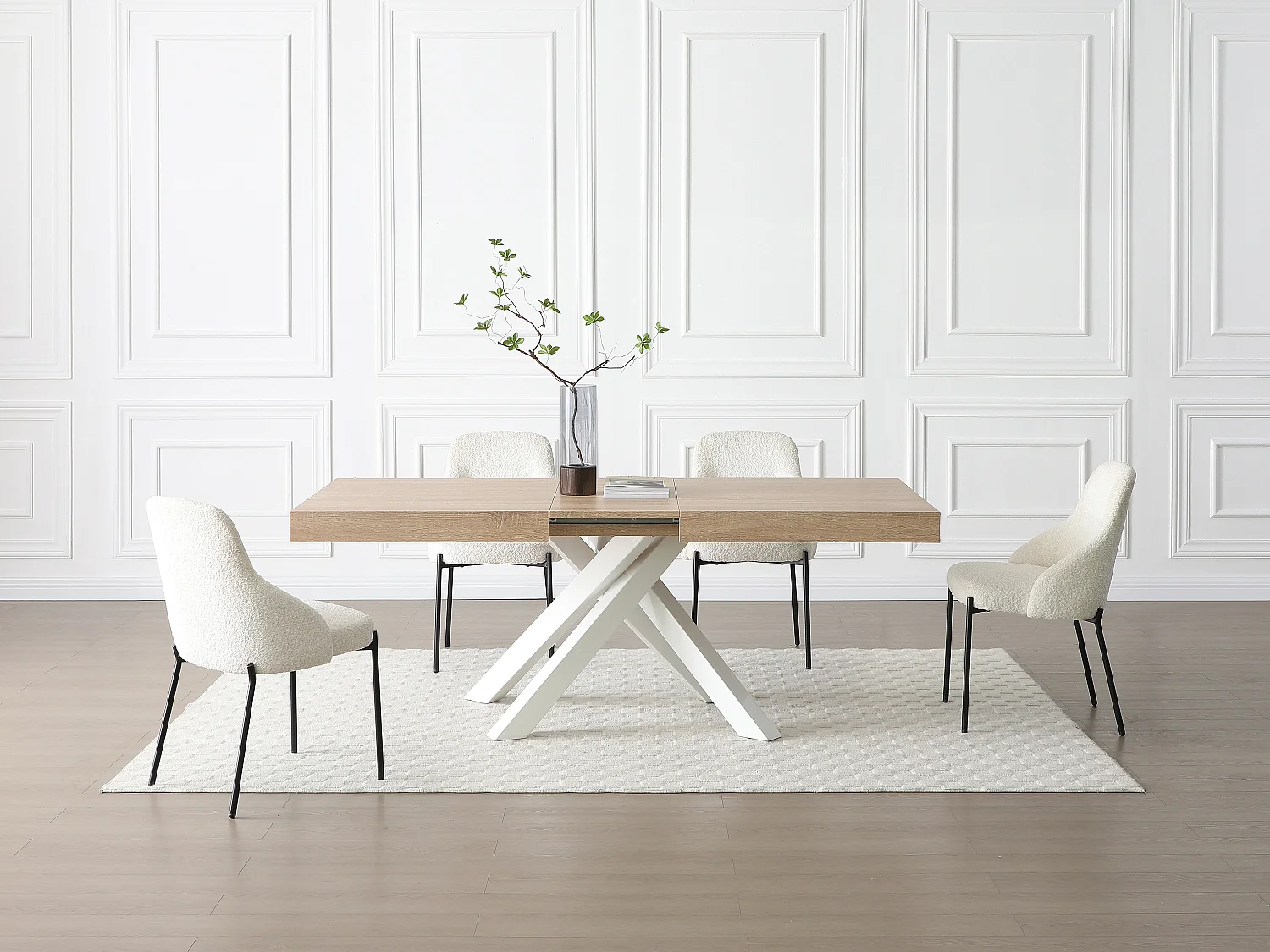 Mesa de comedor extensible de 6 a 10 personas en MDF y metal - Natural y blanco - CATONAV