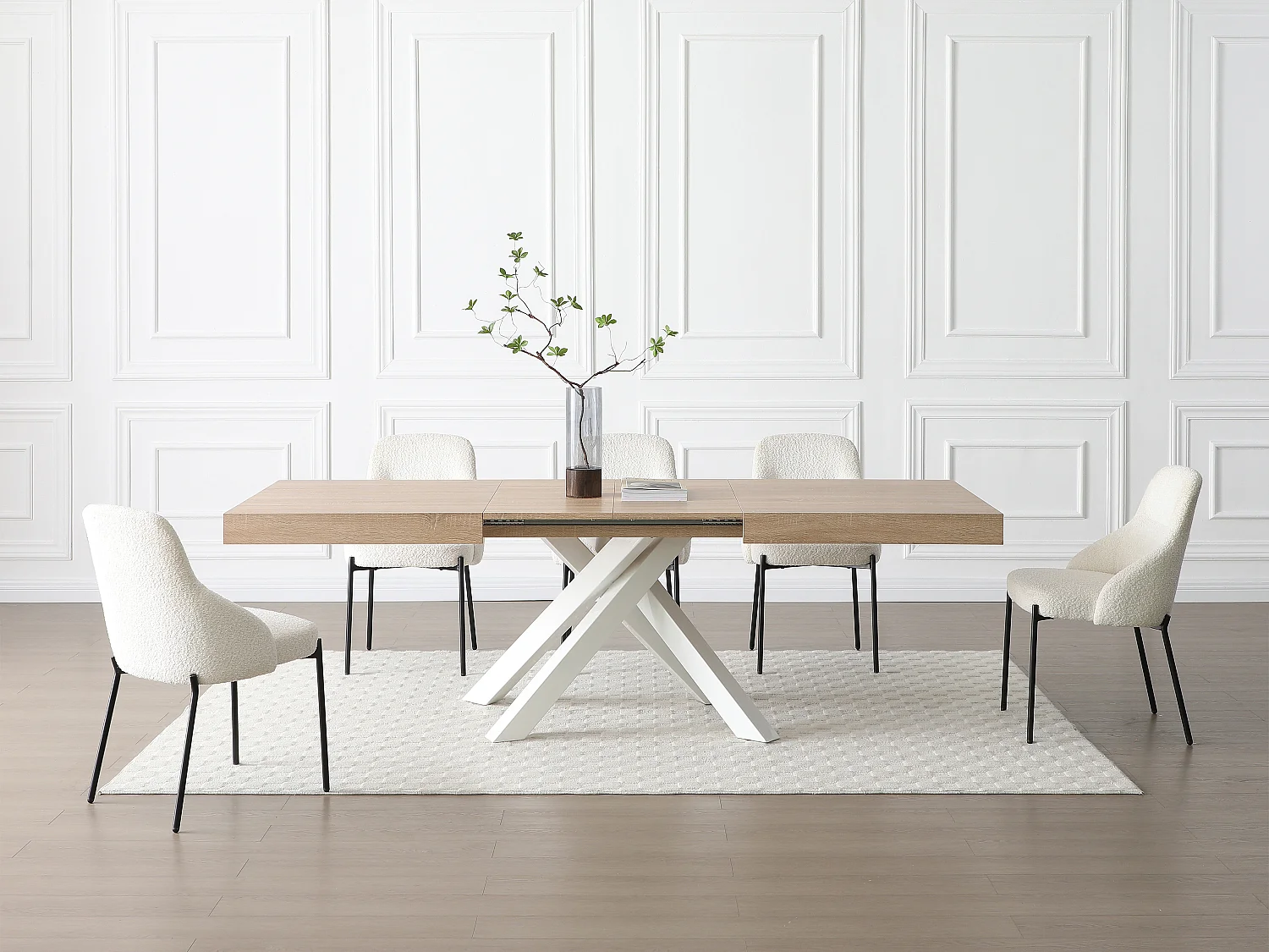 Mesa de comedor extensible de 6 a 10 personas en MDF y metal - Natural y blanco - CATONAV