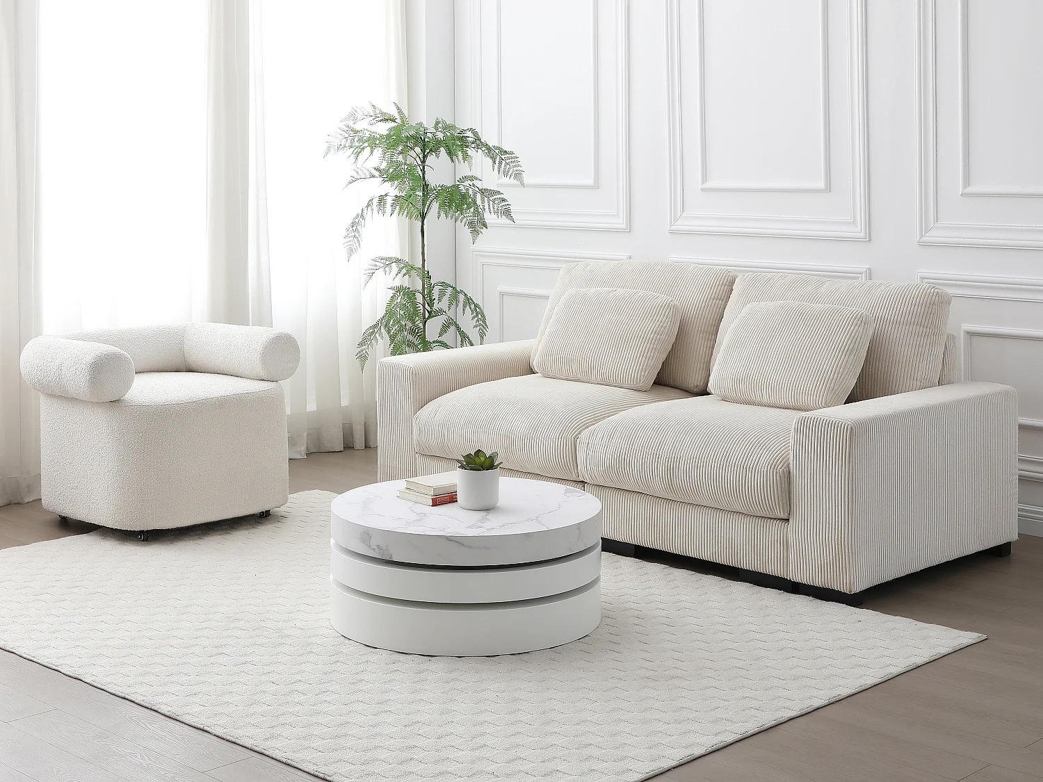 Tavolino girevole tondo con 1 nicchia in MDF Effetto marmo Bianco e Bianco laccato - JANITA