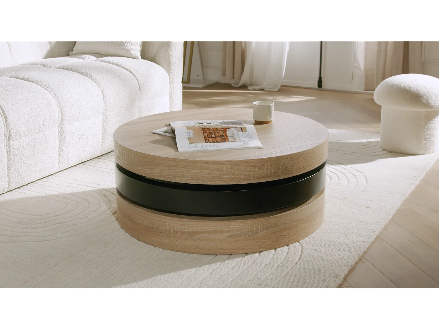 Table basse pivotante ronde avec 1 niche en MDF - Effet marbre blanc et blanc laqué - JANITA